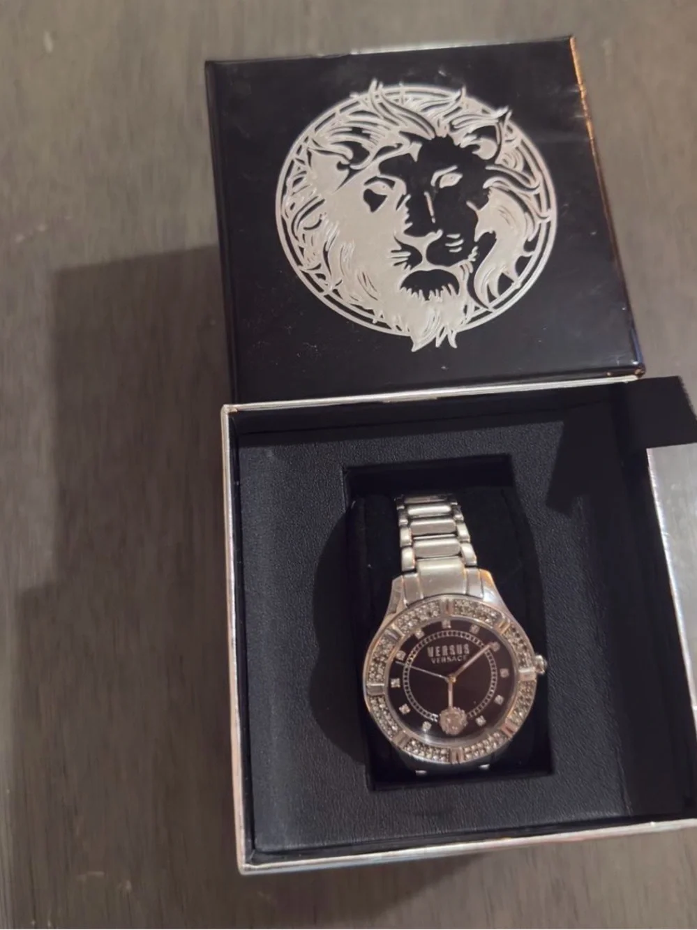 Versace Silver Tone Crystal-Accented Black Dial Watch